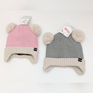 NWT 2 Kombi Baby (0-3 Months) Knit Fleece-Lined Pom Pom Hats w/Ear Flaps